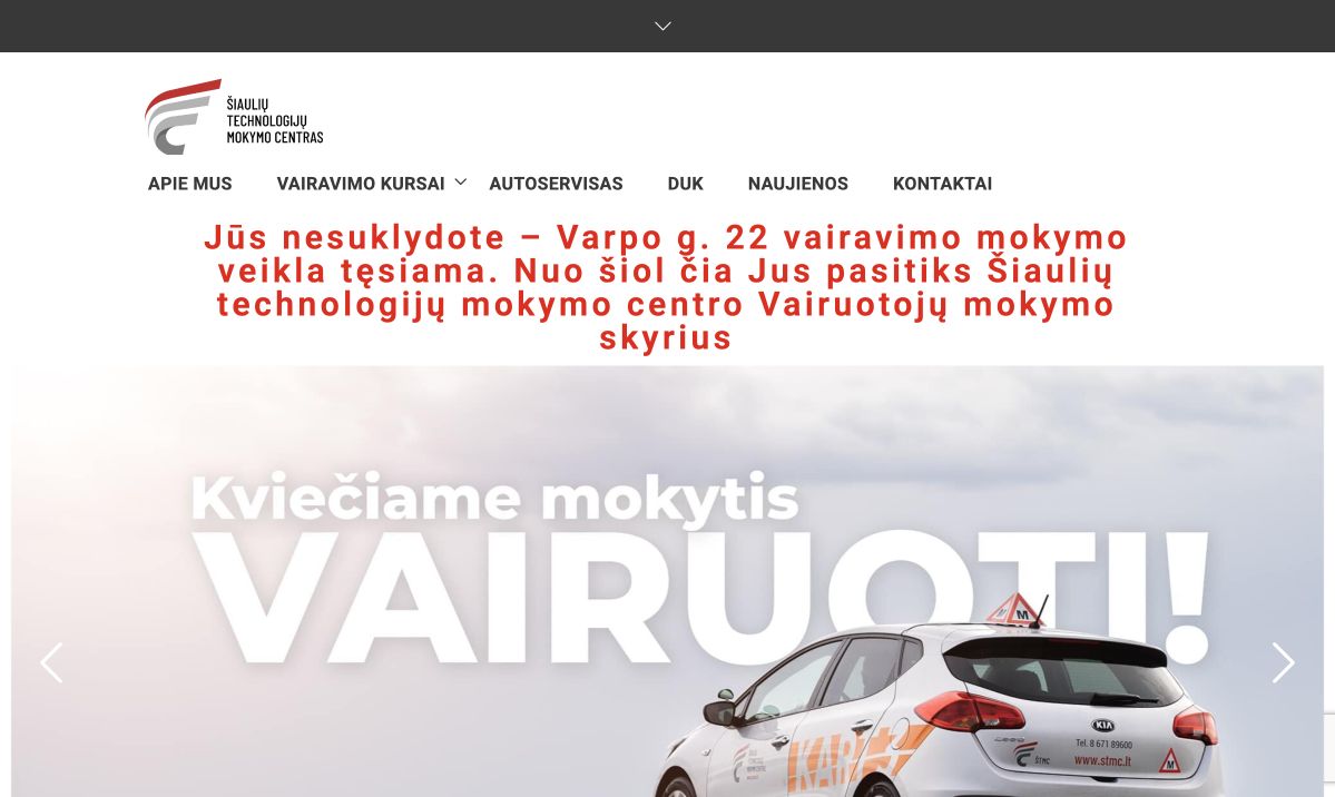 Šiaulių technologijų mokymo centras svetainės pirmo ekrano vaizdas